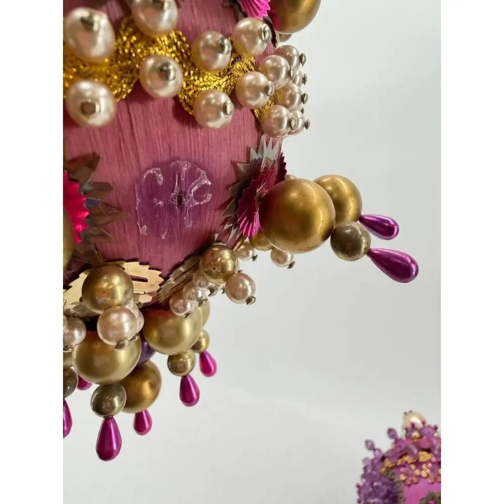 Vintage Handmade Beaded Christmas Ornament Pink Gold Sequin Ball OOAK Decor